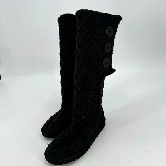 Ugg Classic Black Knit Lattice Cardy 3 Button Winter Fold Over 7 Tall Boots - Picture 2 of 9
